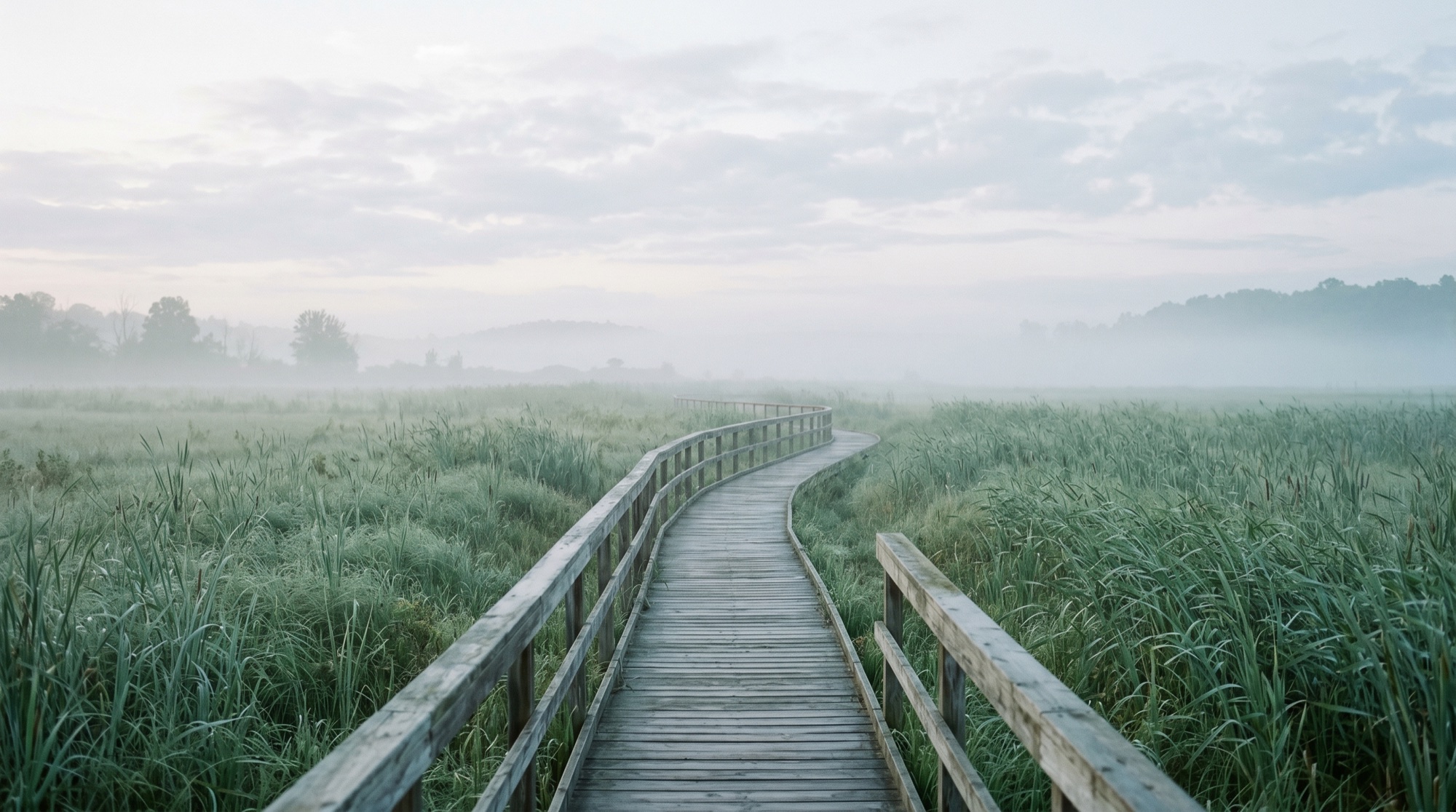 Een rustig houten pad dat door het riet naar voren leidt in zacht ochtendlicht