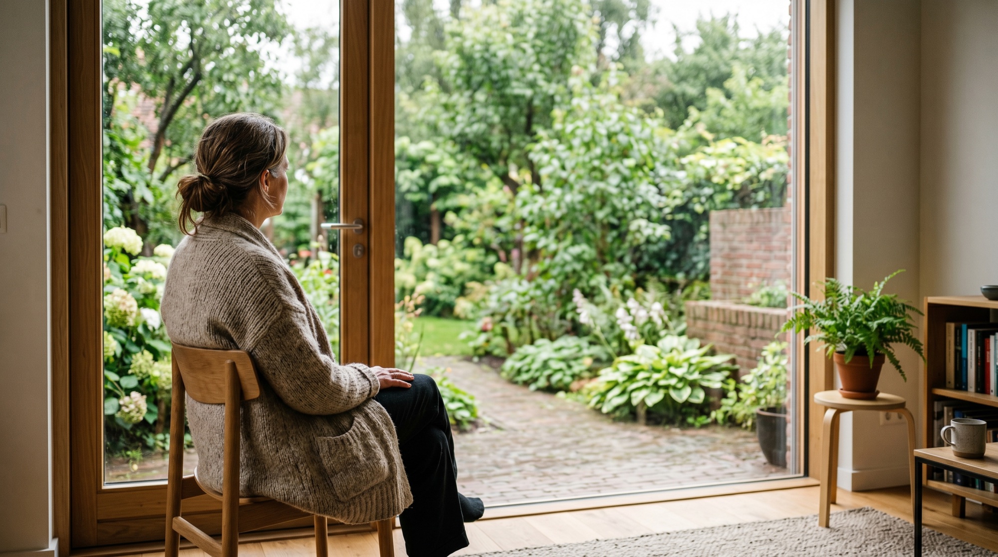 Vrouw kijkt rustig naar buiten vanuit haar woonkamer naar de tuin